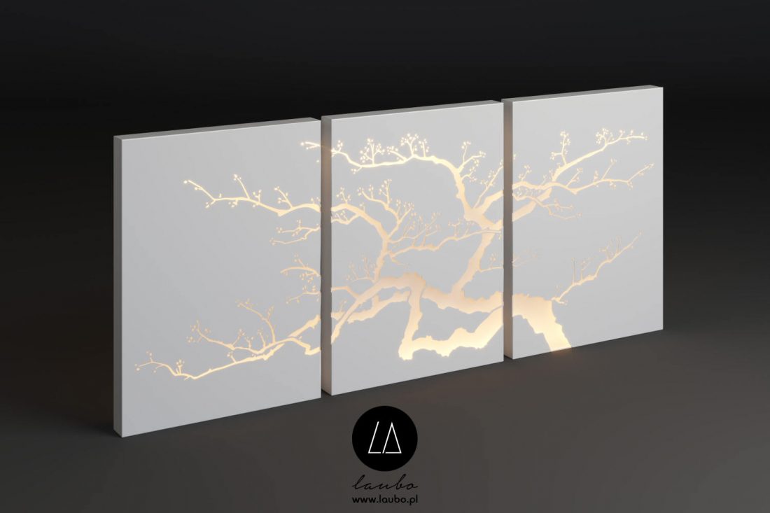 Laser cut lighting screen for outdoors garden or terrace with tree pattern
