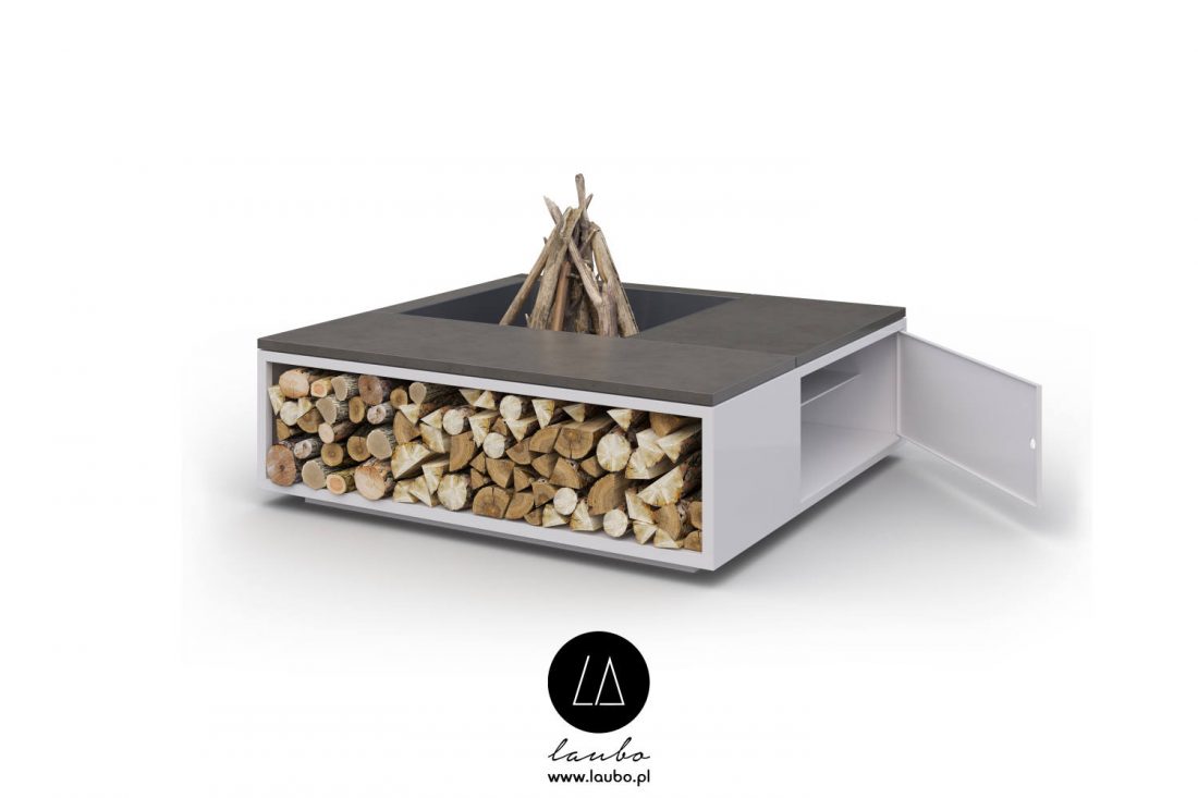 Modern square garden fireplace with cubby